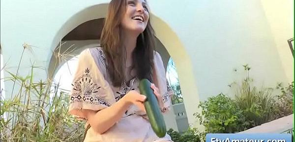 Sexy teen brunette amateur Brooke with nice natural big boobs fuck herself with a massive cucumber
